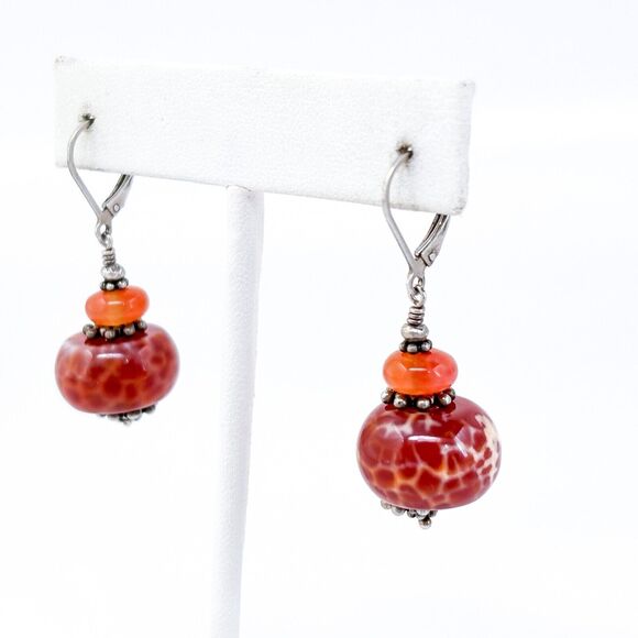 Vintage Sterling Silver 925 Red and Orange Glass Beaded Dangle Earrings - Picture 3 of 6